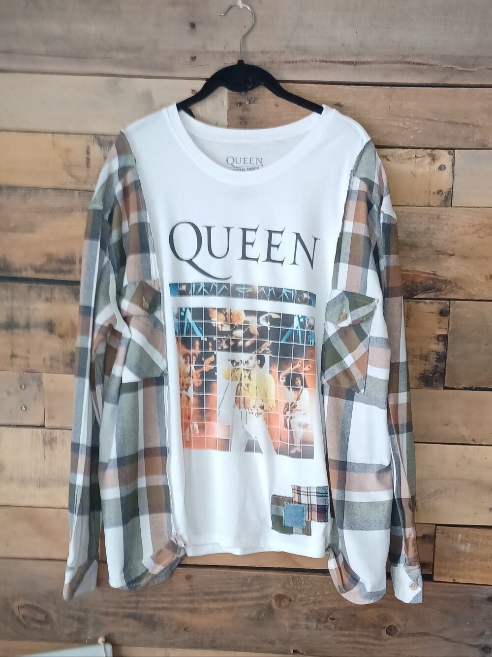 Upcycled QUEEN Graphic Tee with Plaid Sleeve Detail - White, Olive, Brown